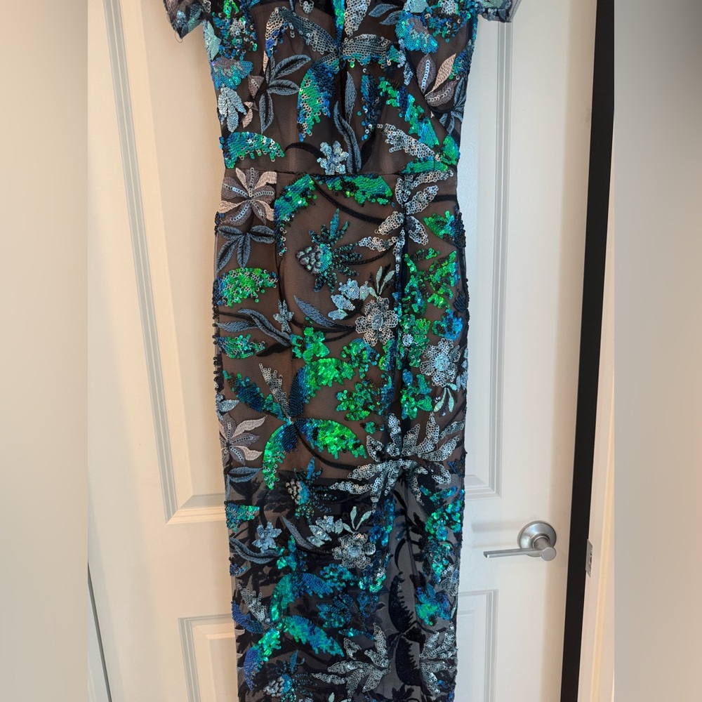 NWOT BRONX AND BANCO ZINNA EMBROIDERED EVENING Blue and Green Floral DRESS - Picture 7 of 13
